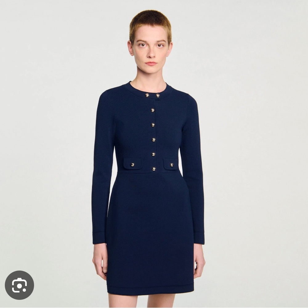 Sandro Navy Long Sleeve Dress with Gold Buttons